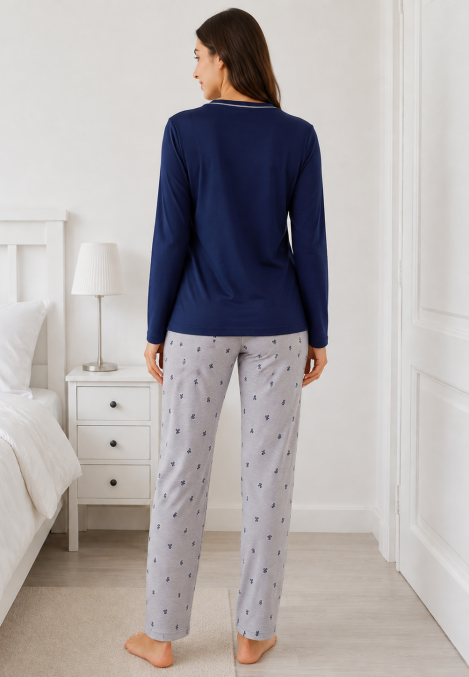 Pijama de damă cu bluză cu maneca lunga și pantaloni lung -Bleumarin ,Engros